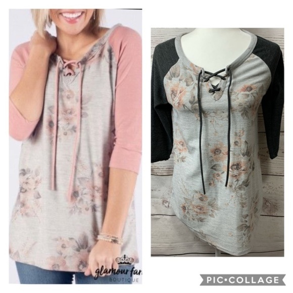 12 PM By Mon Ami Faded Gray Floral Lace-Up Raglan - Picture 1 of 6